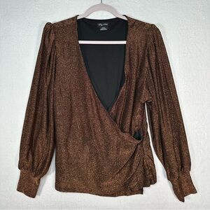 City Chic Women's Plus Size Glowing Lurex Top Bronze Faux Wrap V-Neck Size XS/14